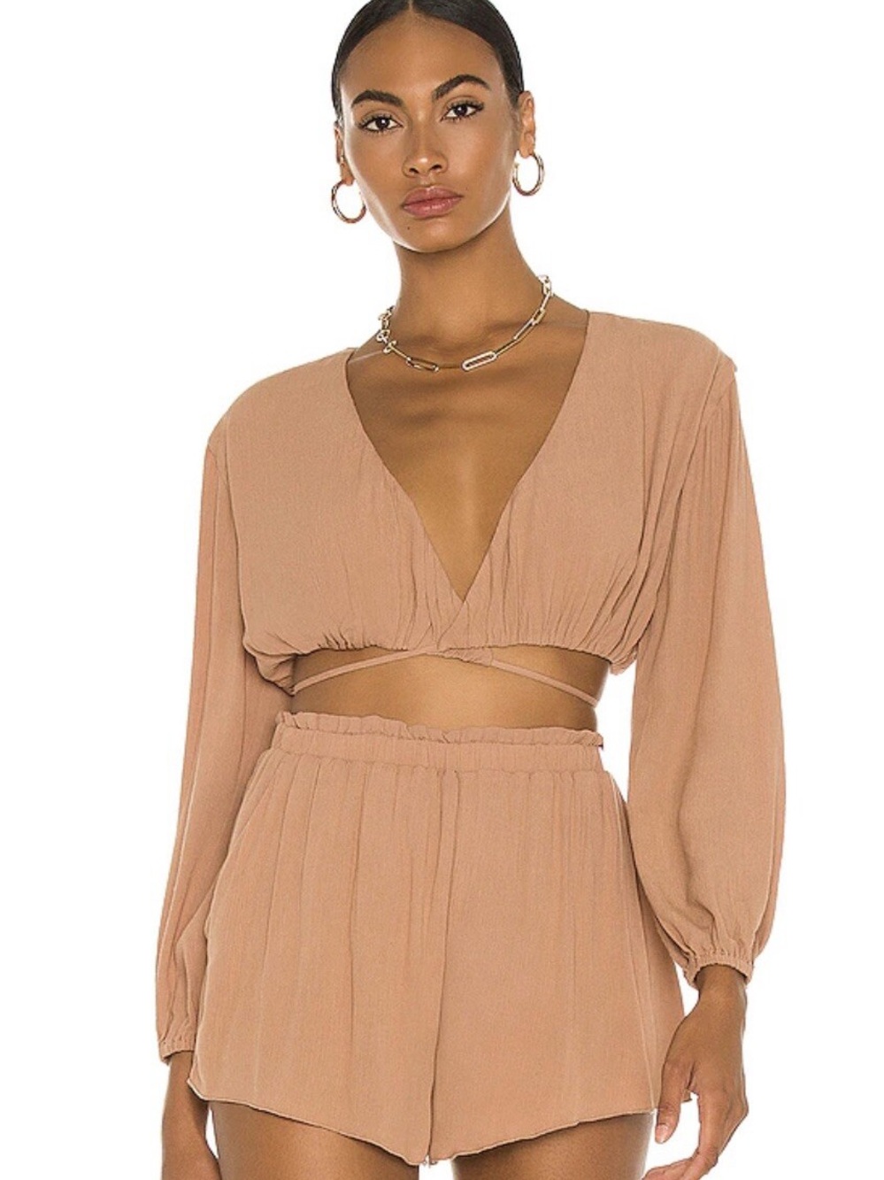 Camila Coelho Tan Long-Sleeve V-Neck Cropped Top